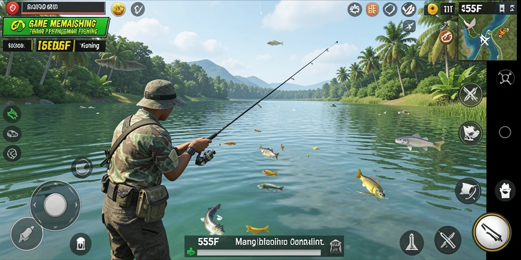 Tampilan gameplay <strong>555F</strong> yang menampilkan aksi menangkap ikan.