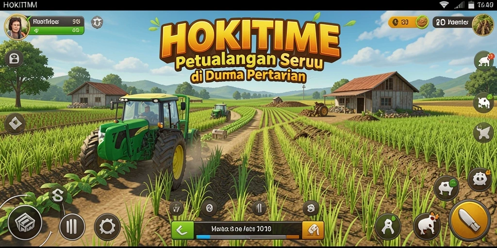 Gameplay seru bertani di HOKITIME dengan ladang yang subur.